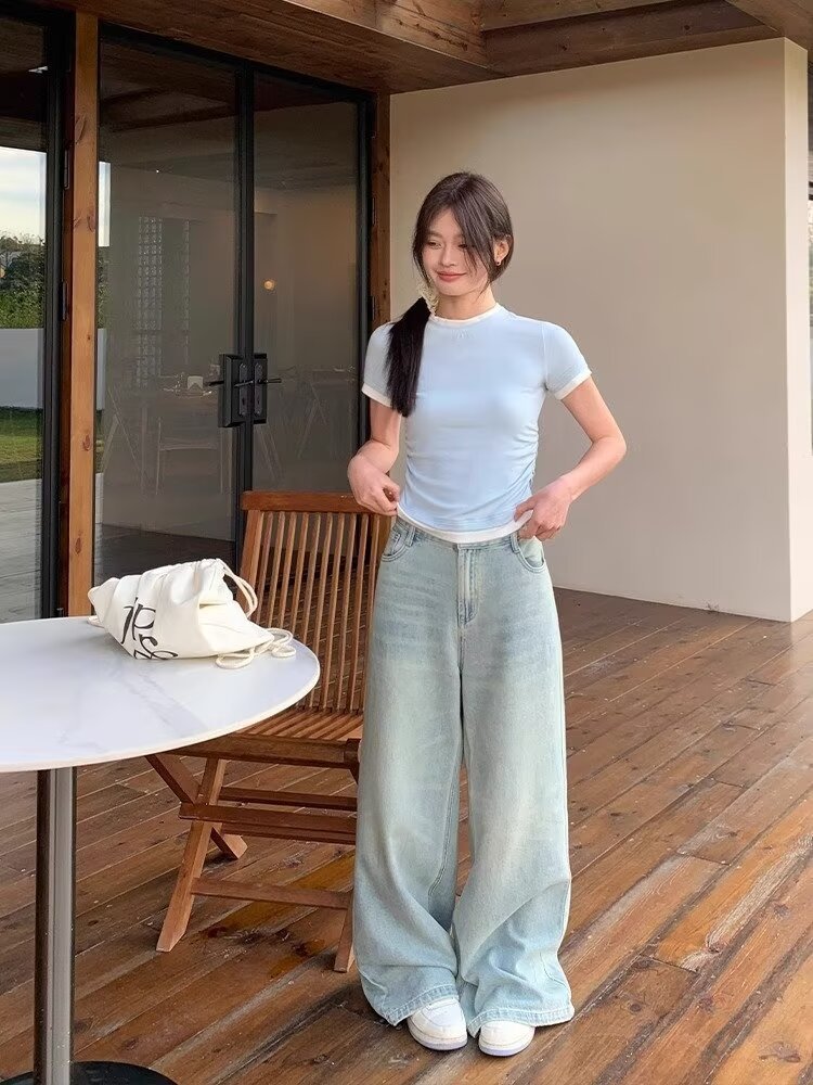 Retro Blue Loose-fitting Wide Leg Mopping Jeans
